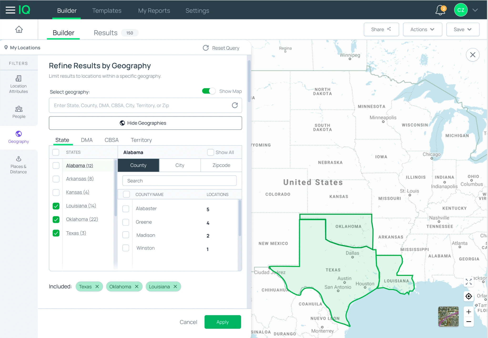 IQ supporting preview showing geography refinement