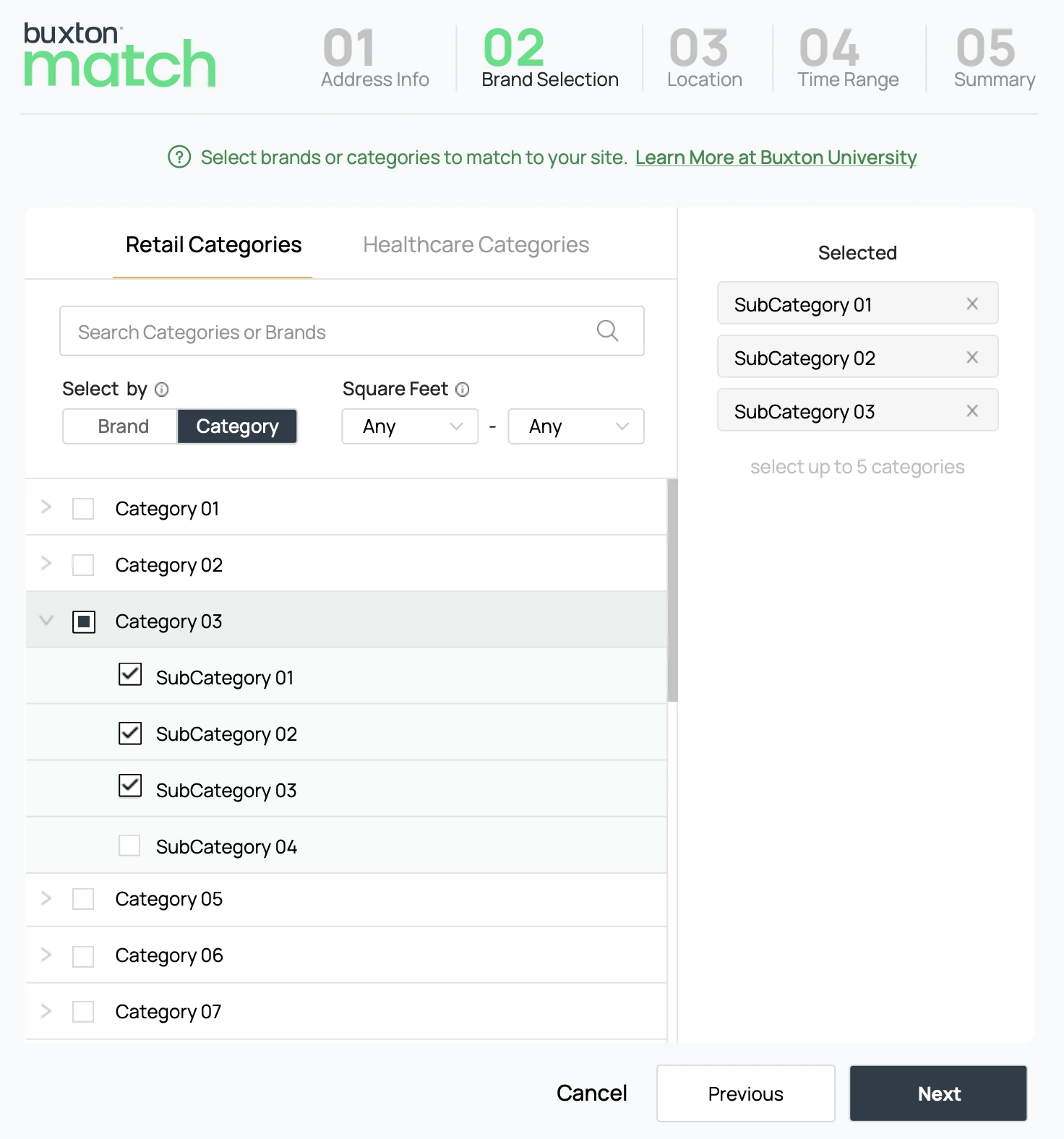 Match supporting preview showing category selection workflow
