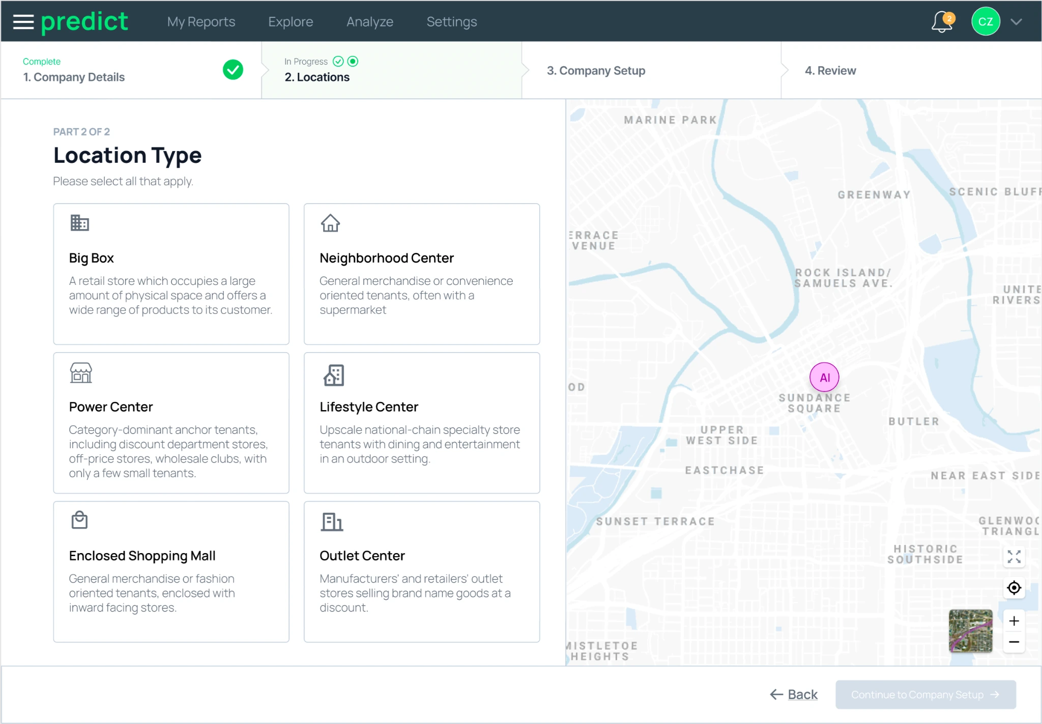 Predict supporting preview showing location type workflow