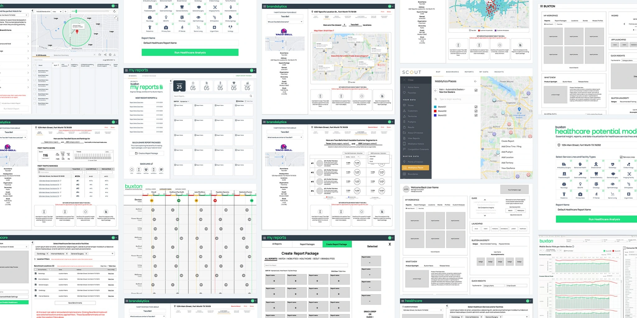 Collage of Buxton design wireframes, maps, reports, and product explorations