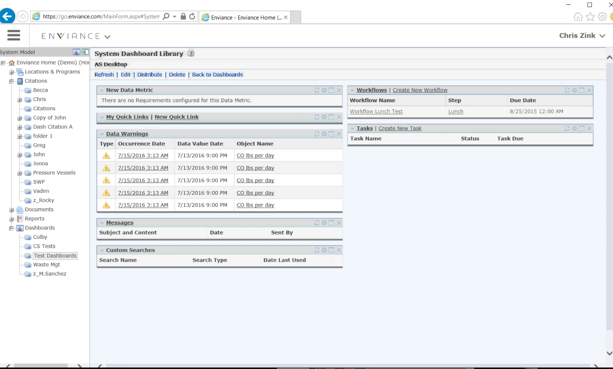 Legacy Enviance system dashboard with warnings, tasks, and workflows