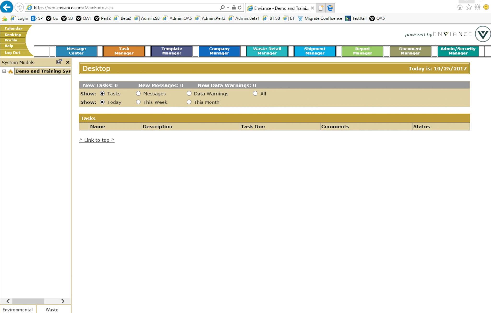 Legacy Enviance desktop: gold navigation tabs and task list