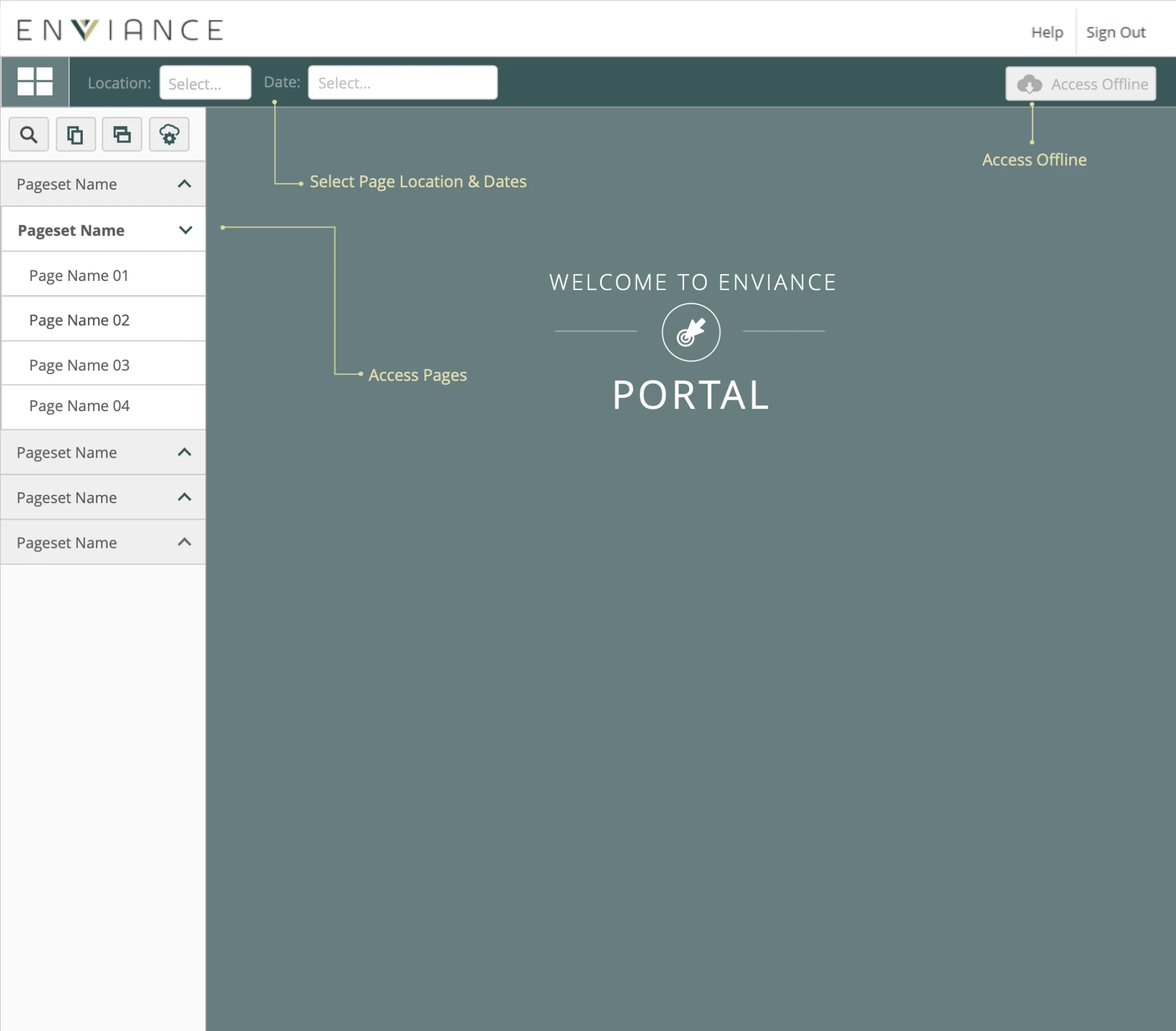 Enviance Portal welcome screen with page navigation, location and date controls, and offline access
