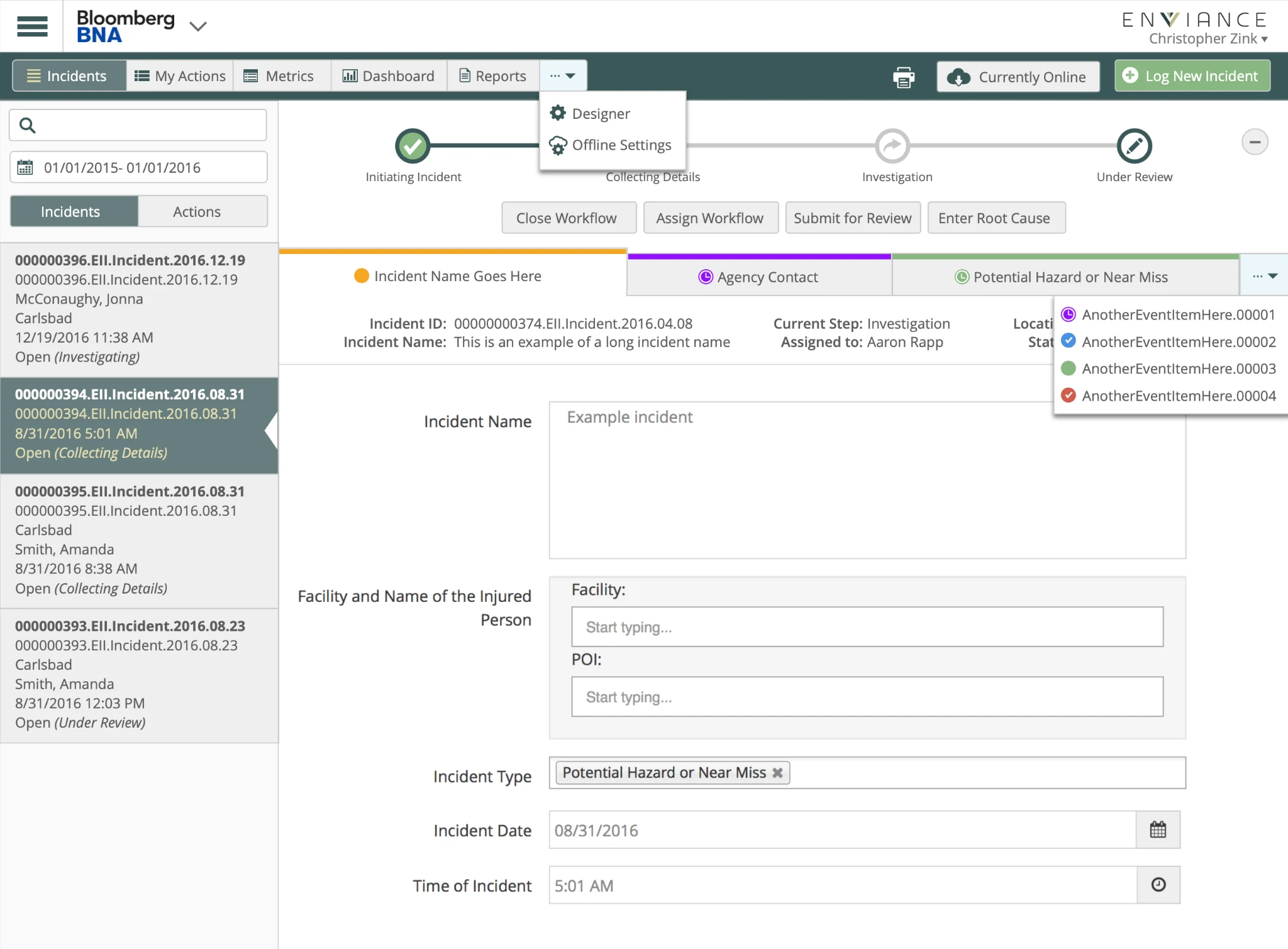 Incident management screen with workflow steps and field data