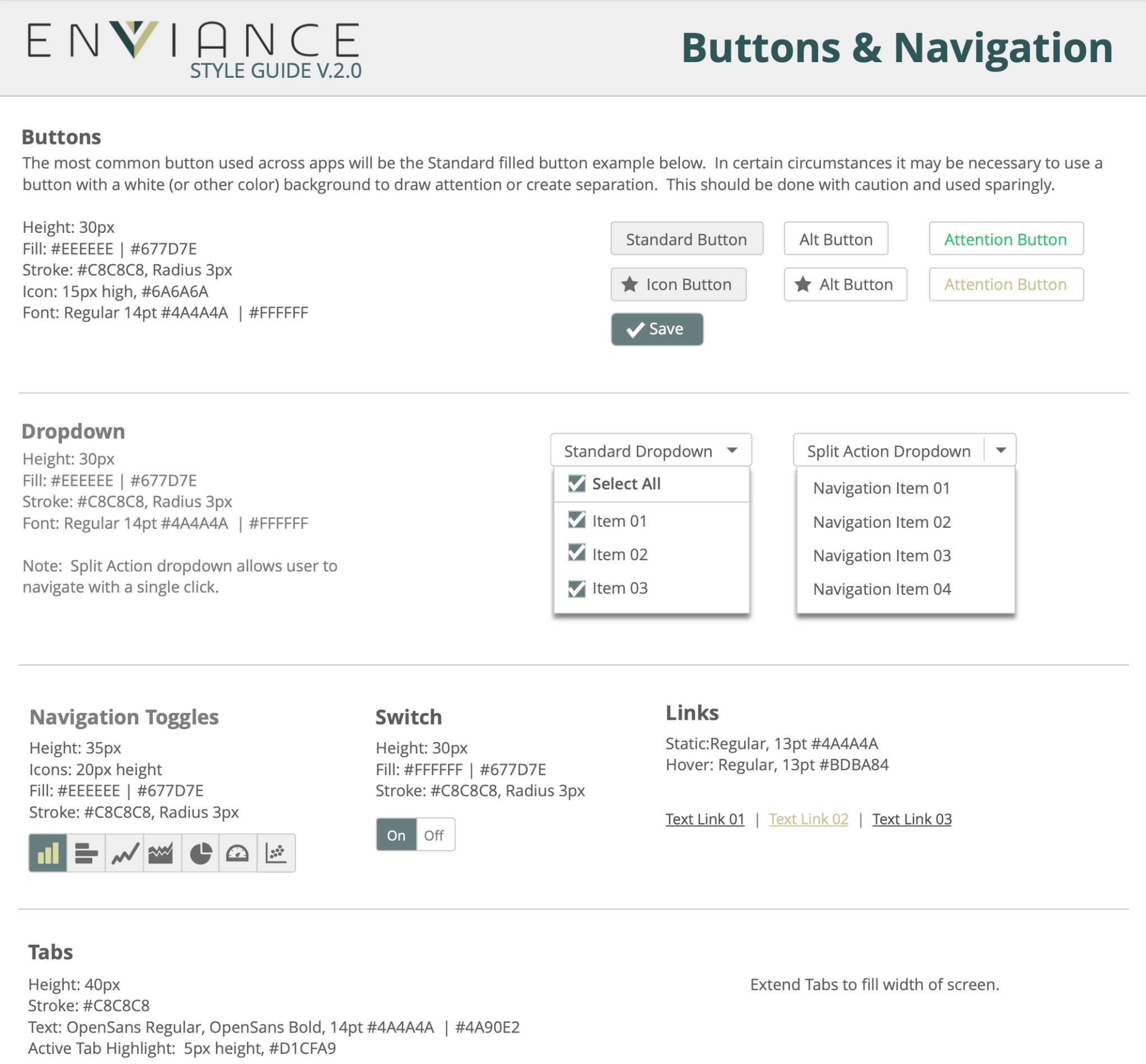 Enviance style guide: buttons, dropdowns, and navigation patterns