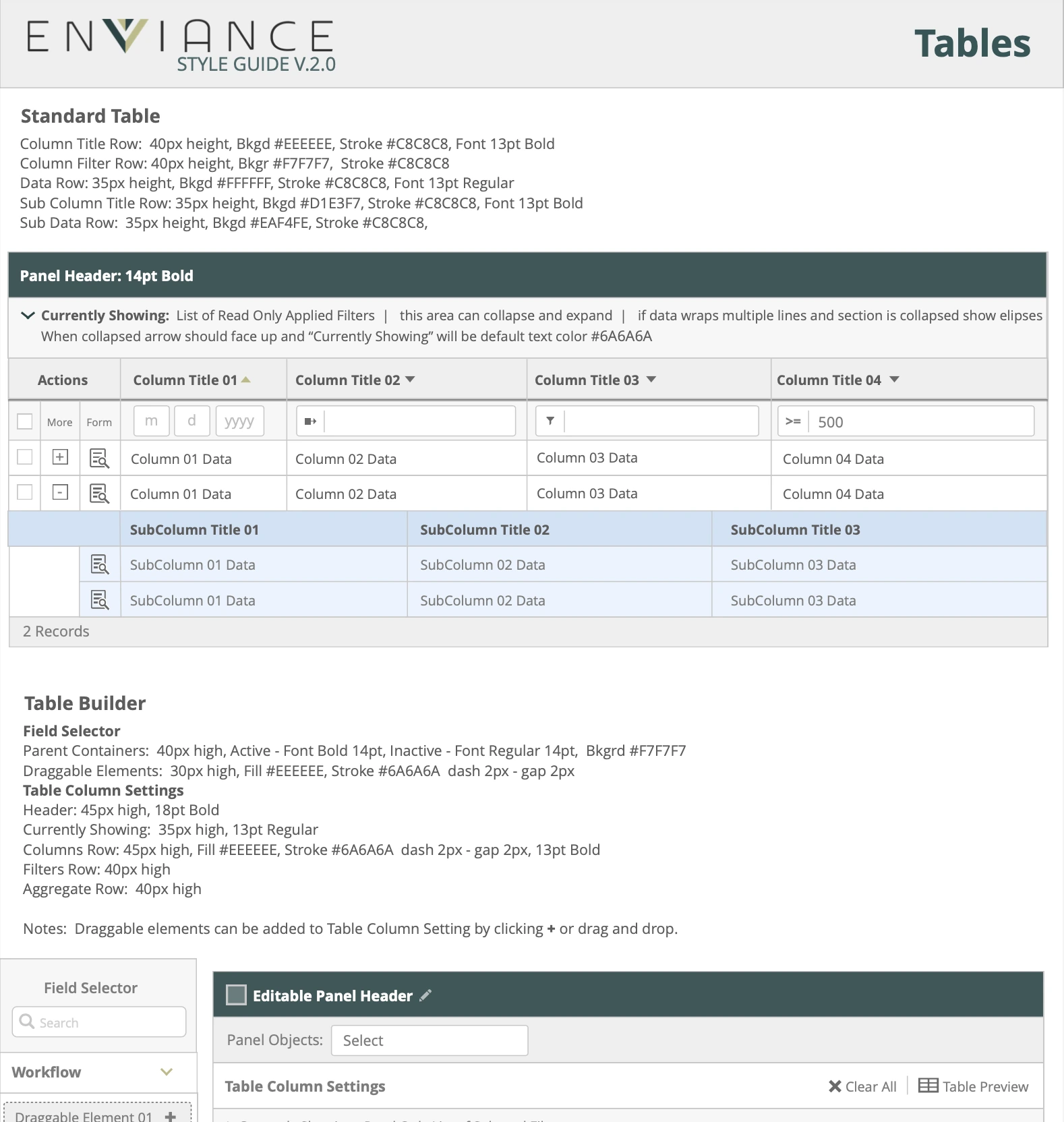 Enviance style guide: standard tables and table builder