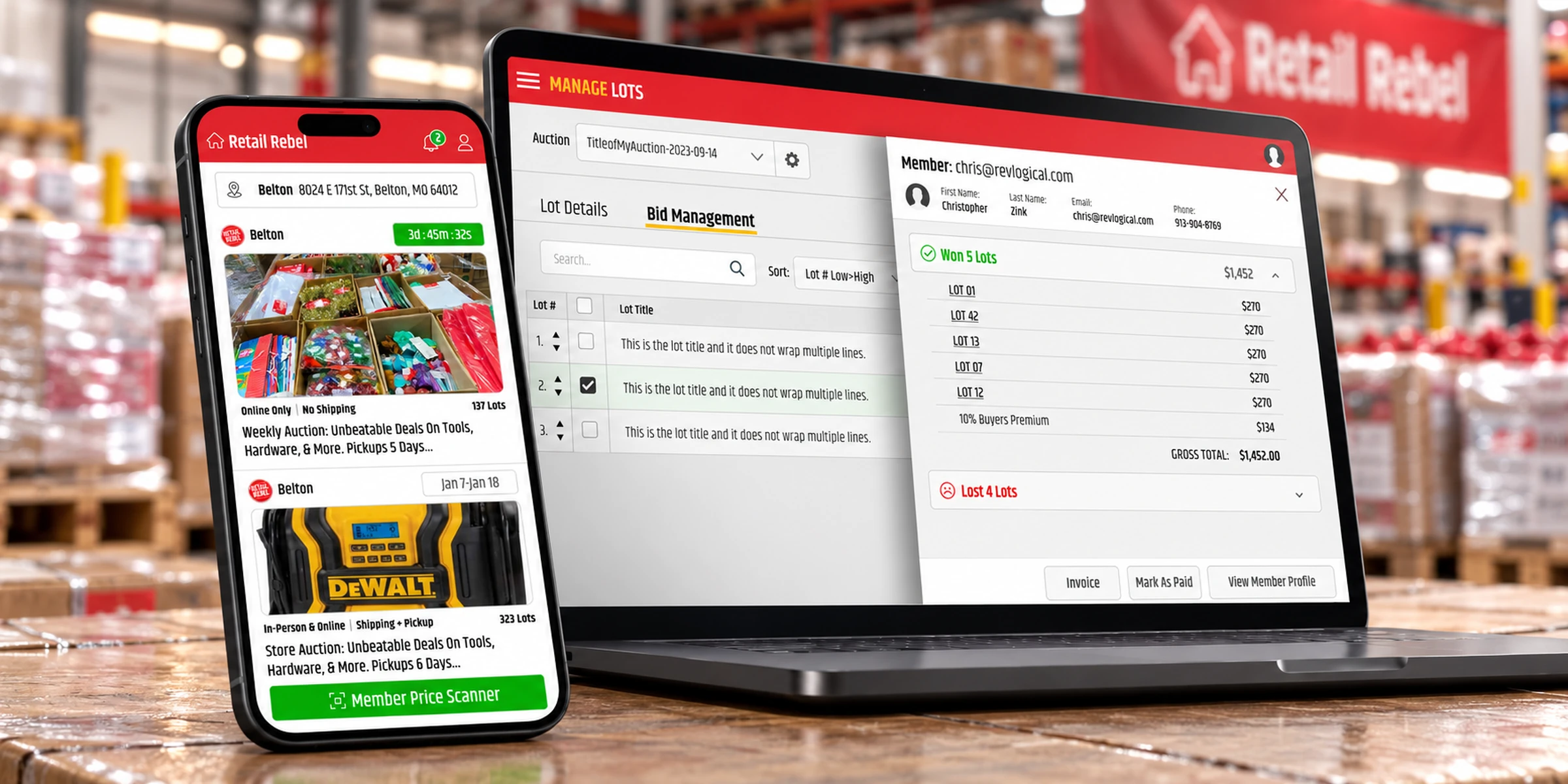 Segistics auction marketplace shown across a tablet-style dashboard and mobile retail auction interface in a photorealistic warehouse and bidding environment
